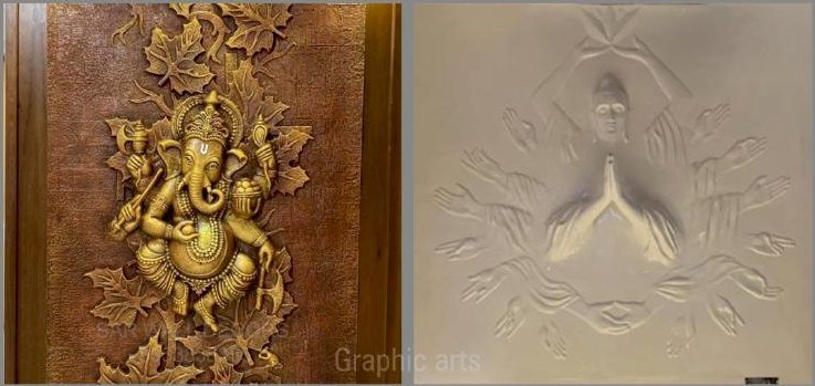 Cast decorative FRP relief panels — a gilded ornamental panel on a textured ground beside a pale monochrome relief