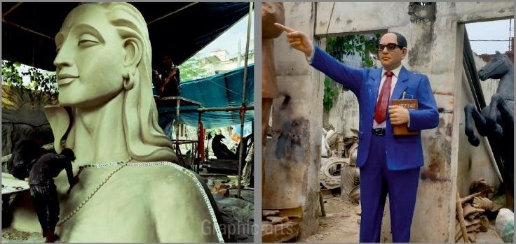 A monumental meditative head under fabrication in the yard, beside a finished portrait statue awaiting installation