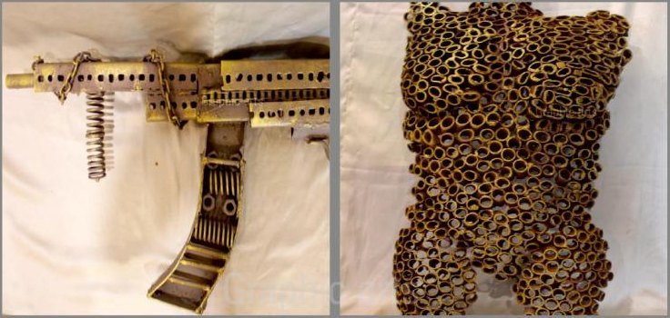 Scrap-metal studies — a firearm assembled from cut steel, and a torso built from hundreds of identical pipe sections