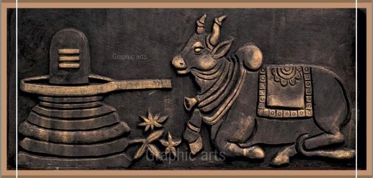 A carved cement relief of a Shivling with a reclining Nandi, modelled directly onto the wall in bronze finish